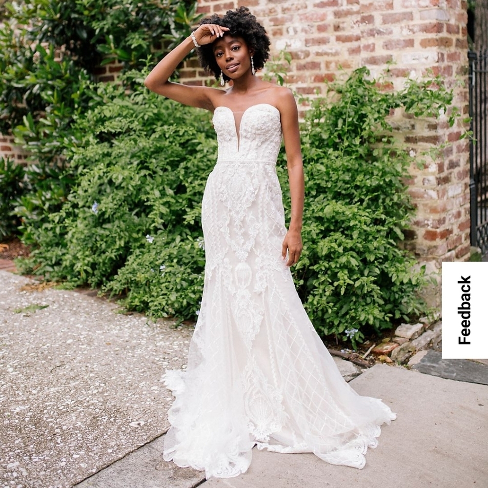 David's Bridal Beaded Scroll and Lace Mermaid Wedding Dress - Size 8 - Champagne